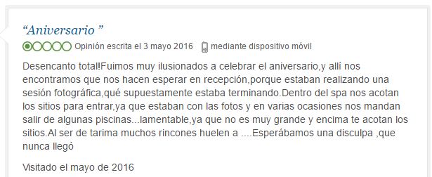 Captura de pantalla de un comentario negativo de un spa en TripAdvisor