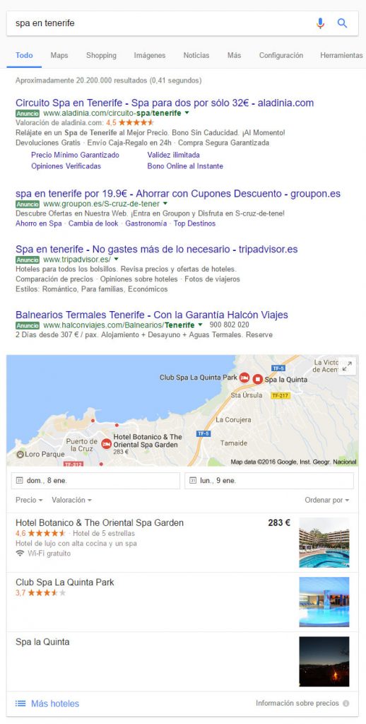 Resultados de búsqueda de spa en Tenerife en Google