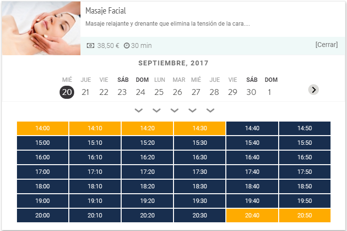 Captura de pantalla de un motor de reservas de spa