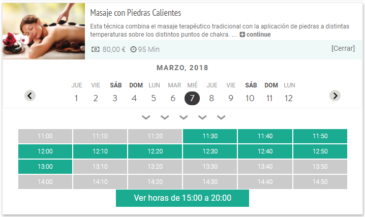 Captura de pantalla de un motor de reservas de spa